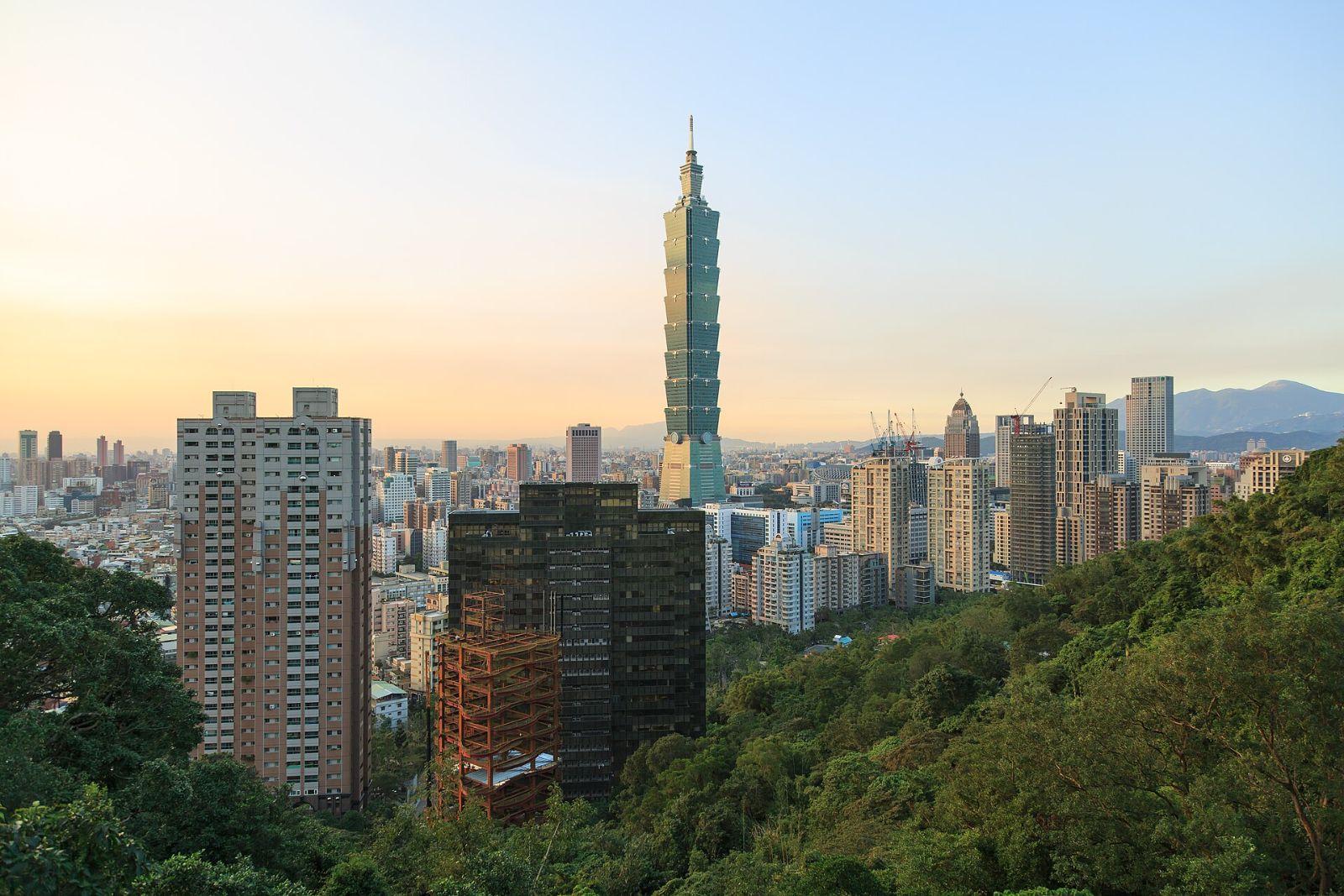 La torre Taipei 101 al atardecer, dominando los edificios del distrito de Xinyi, vista desde las colinas cubiertas de vegetación